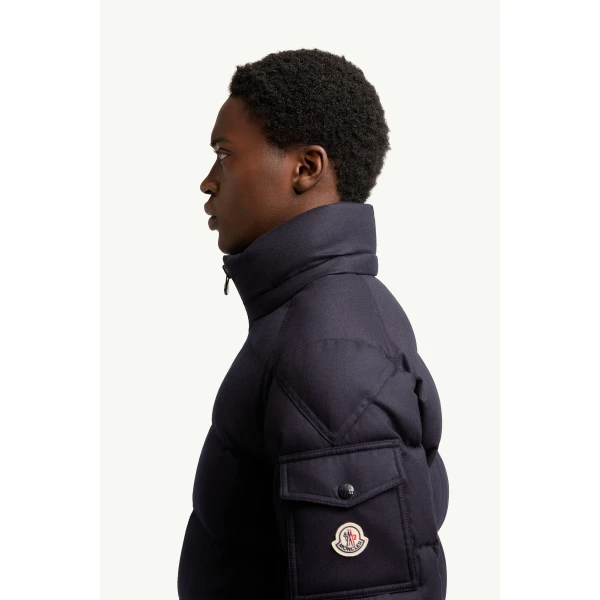 Moncler Montgenevre Hooded Wool Flannel Short Down Jacket in Navy Blue, view 3 | Men's Jackets | Coveti