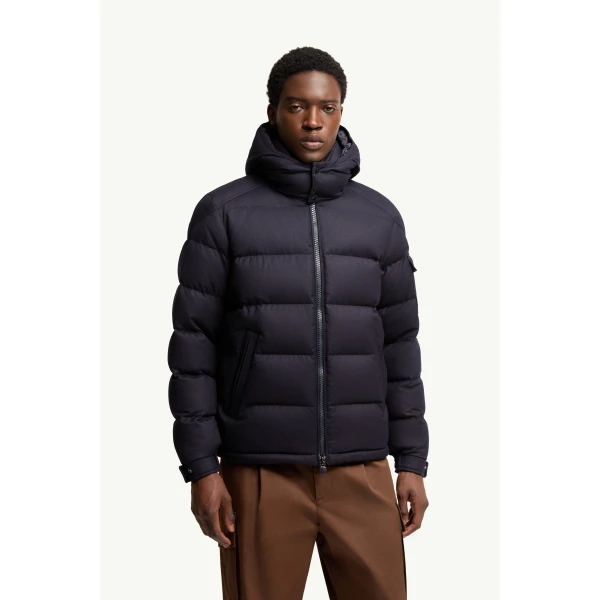 Moncler Montgenevre Hooded Wool Flannel Short Down Jacket in Navy Blue, view 4 | Men's Jackets | Coveti