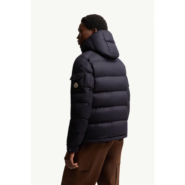 Moncler Montgenevre Hooded Wool Flannel Short Down Jacket in Navy Blue, view 5 | Men's Jackets | Coveti