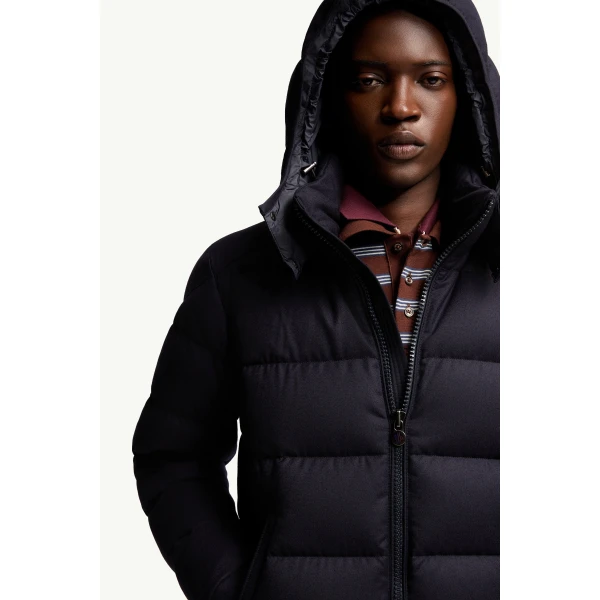 Moncler Montgenevre Hooded Wool Flannel Short Down Jacket in Navy Blue, view 6 | Men's Jackets | Coveti