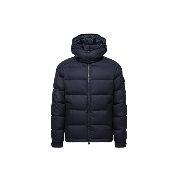 Moncler Montgenevre Hooded Wool Flannel Short Down Jacket in Navy Blue | Men's Jackets | Coveti