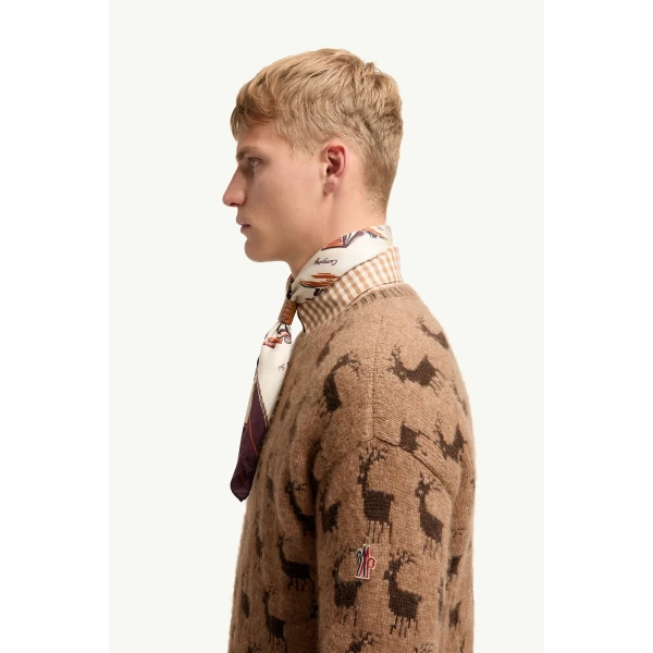 Moncler Moose Jacquard Alpaca & Wool Blend Jumper in Beige, view 3 | Men's Knitwear | Coveti