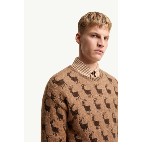 Moncler Moose Jacquard Alpaca & Wool Blend Jumper in Beige, view 6 | Men's Knitwear | Coveti