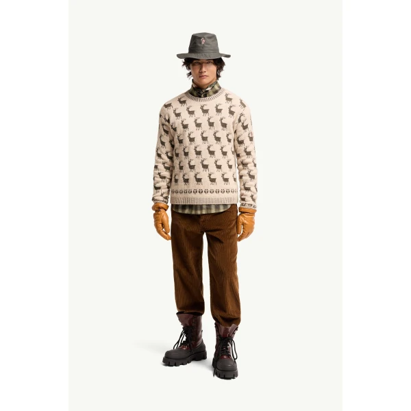 Moncler Moose Jacquard Alpaca & Wool Blend Jumper in Light Beige, view 2 | Men's Knitwear | Coveti