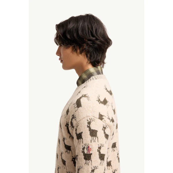 Moncler Moose Jacquard Alpaca & Wool Blend Jumper in Light Beige, view 3 | Men's Knitwear | Coveti