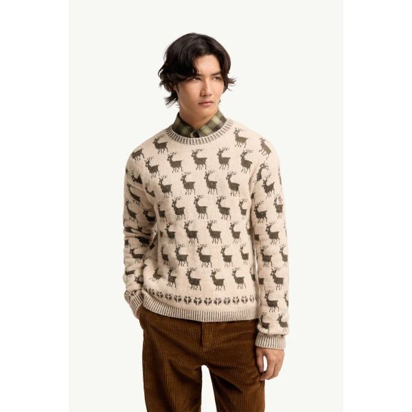 Moncler Moose Jacquard Alpaca & Wool Blend Jumper in Light Beige, view 4 | Men's Knitwear | Coveti