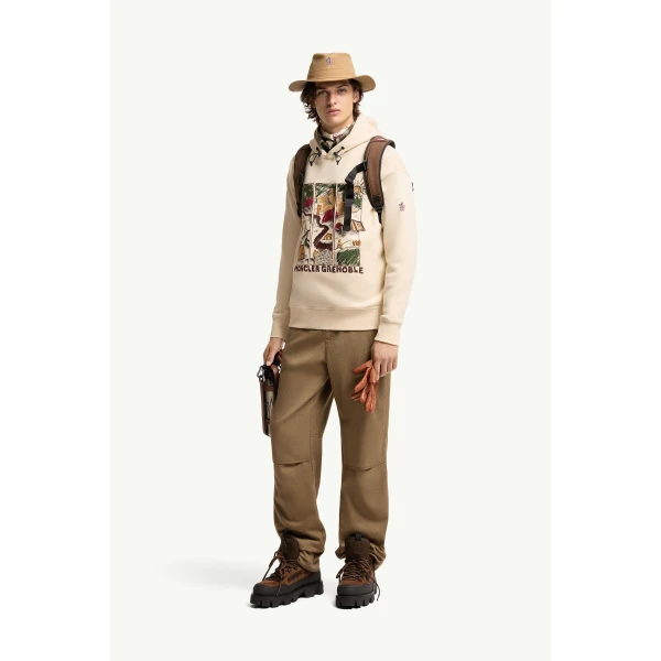 Moncler Mountain Landscape Print Cotton Blend Hoodie in White Ivory, view 2 | Men's Sweatshirts | Coveti