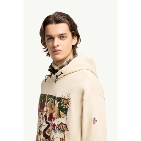 Moncler Mountain Landscape Print Cotton Blend Hoodie in White Ivory, view 3 | Men's Sweatshirts | Coveti