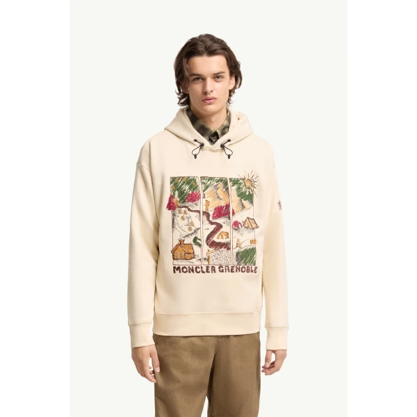 Moncler Mountain Landscape Print Cotton Blend Hoodie in White Ivory, view 4 | Men's Sweatshirts | Coveti
