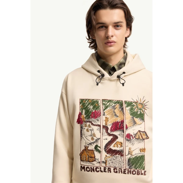 Moncler Mountain Landscape Print Cotton Blend Hoodie in White Ivory, view 6 | Men's Sweatshirts | Coveti