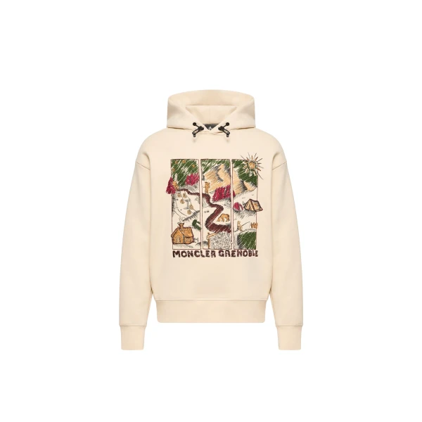 Moncler Mountain Landscape Print Cotton Blend Hoodie in White Ivory | Men's Sweatshirts | Coveti