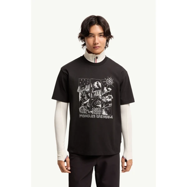 Moncler Mountain Landscape Print Cotton T-Shirt in Black, view 4 | Men's T-shirts | Coveti