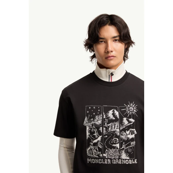 Moncler Mountain Landscape Print Cotton T-Shirt in Black, view 6 | Men's T-shirts | Coveti