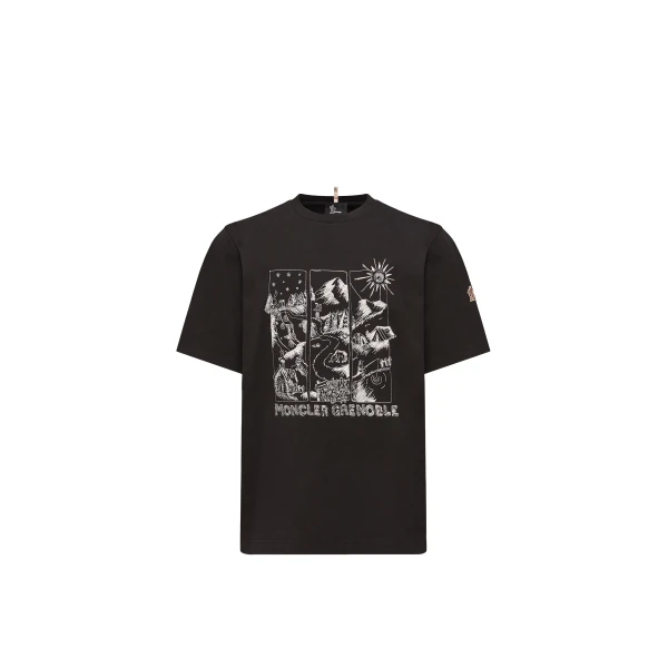 Moncler Mountain Landscape Print Cotton T-Shirt in Black | Men's T-shirts | Coveti