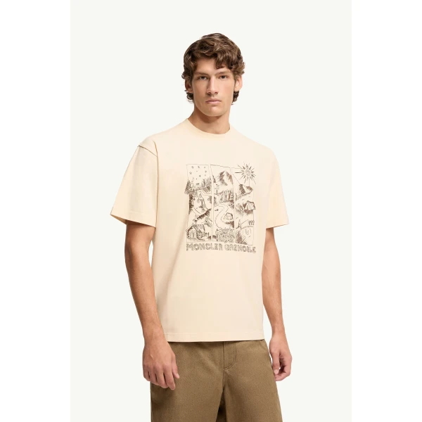 Moncler Mountain Landscape Print Cotton T-Shirt in White, view 4 | Men's T-shirts | Coveti
