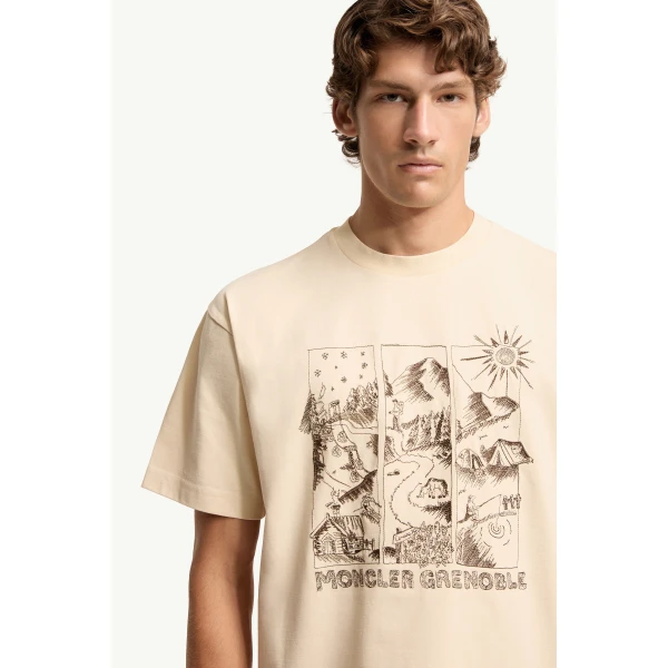 Moncler Mountain Landscape Print Cotton T-Shirt in White, view 6 | Men's T-shirts | Coveti