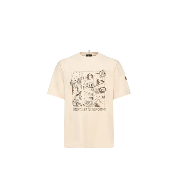 Moncler Mountain Landscape Print Cotton T-Shirt in White | Men's T-shirts | Coveti