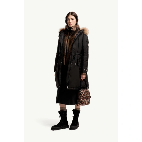Moncler Moustique Hooded Shearling Trimmed Long Down Parka in Black, view 2 | Women's Puffer and Down Coats | Coveti