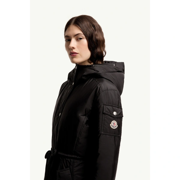 Moncler Moustique Hooded Shearling Trimmed Long Down Parka in Black, view 3 | Women's Puffer and Down Coats | Coveti