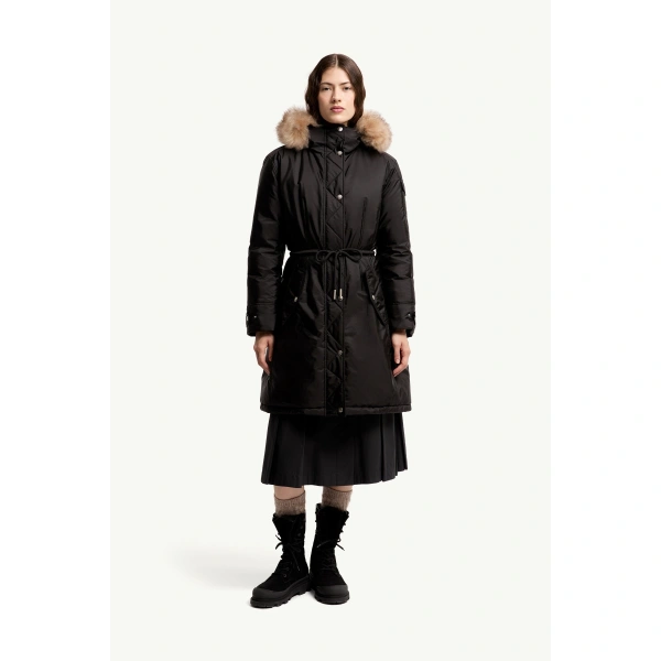 Moncler Moustique Hooded Shearling Trimmed Long Down Parka in Black, view 4 | Women's Puffer and Down Coats | Coveti