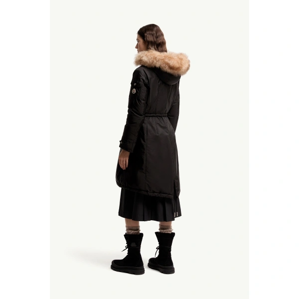 Moncler Moustique Hooded Shearling Trimmed Long Down Parka in Black, view 5 | Women's Puffer and Down Coats | Coveti