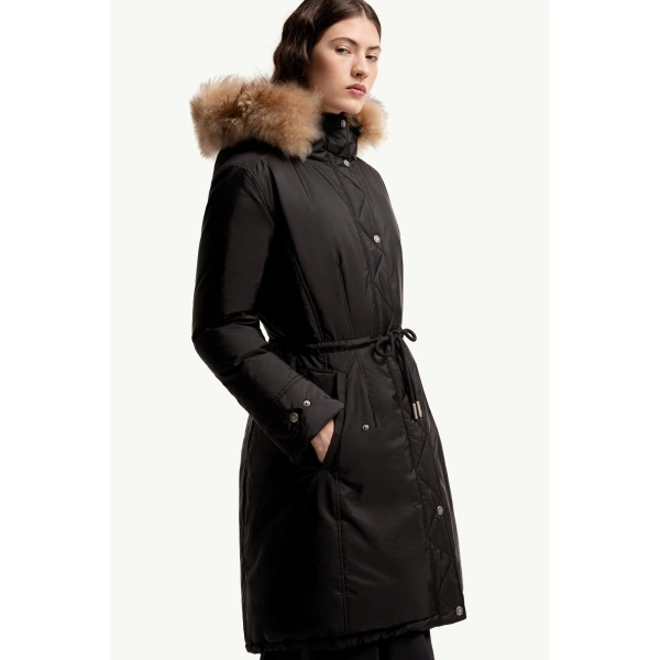 Moncler Moustique Hooded Shearling Trimmed Long Down Parka in Black, view 6 | Women's Puffer and Down Coats | Coveti