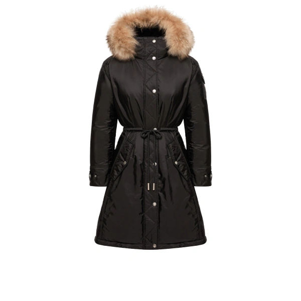 Moncler Moustique Hooded Shearling Trimmed Long Down Parka in Black | Women's Puffer and Down Coats | Coveti