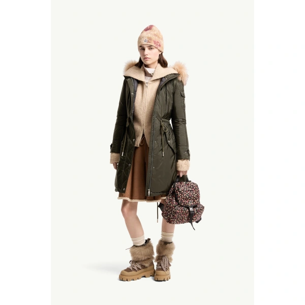 Moncler Moustique Hooded Shearling Trimmed Long Down Parka in Dark Green, view 2 | Women's Puffer and Down Coats | Coveti