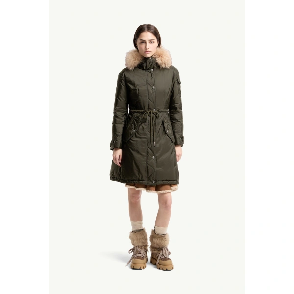 Moncler Moustique Hooded Shearling Trimmed Long Down Parka in Dark Green, view 4 | Women's Puffer and Down Coats | Coveti