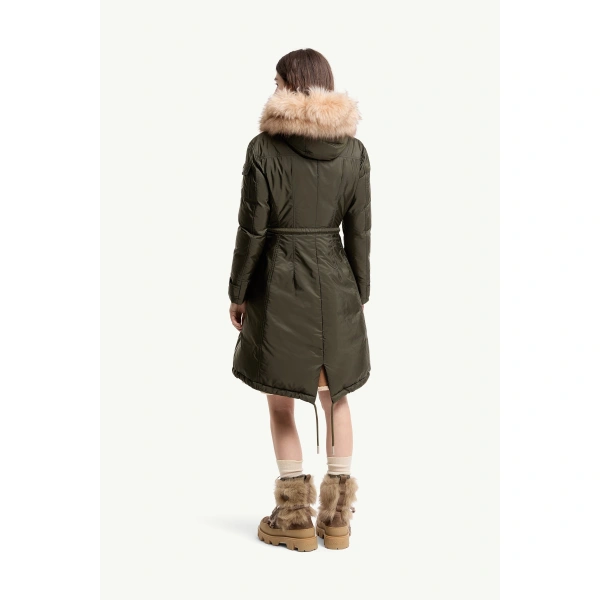 Moncler Moustique Hooded Shearling Trimmed Long Down Parka in Dark Green, view 5 | Women's Puffer and Down Coats | Coveti