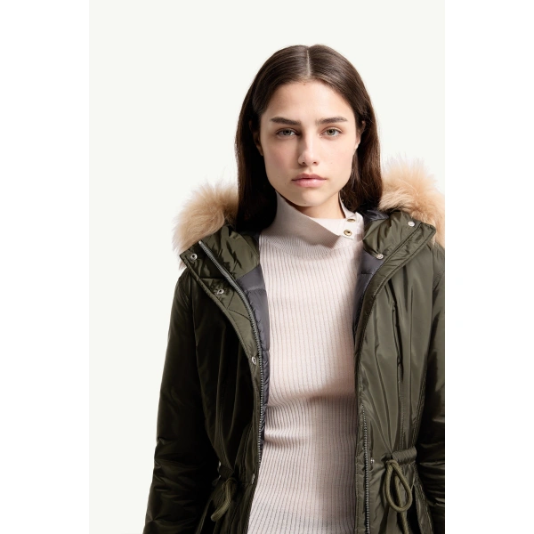 Moncler Moustique Hooded Shearling Trimmed Long Down Parka in Dark Green, view 6 | Women's Puffer and Down Coats | Coveti