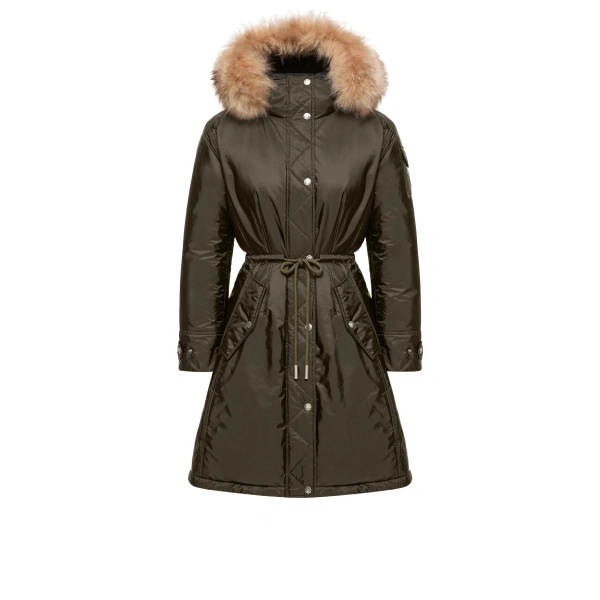 Moncler Moustique Hooded Shearling Trimmed Long Down Parka in Dark Green | Women's Puffer and Down Coats | Coveti
