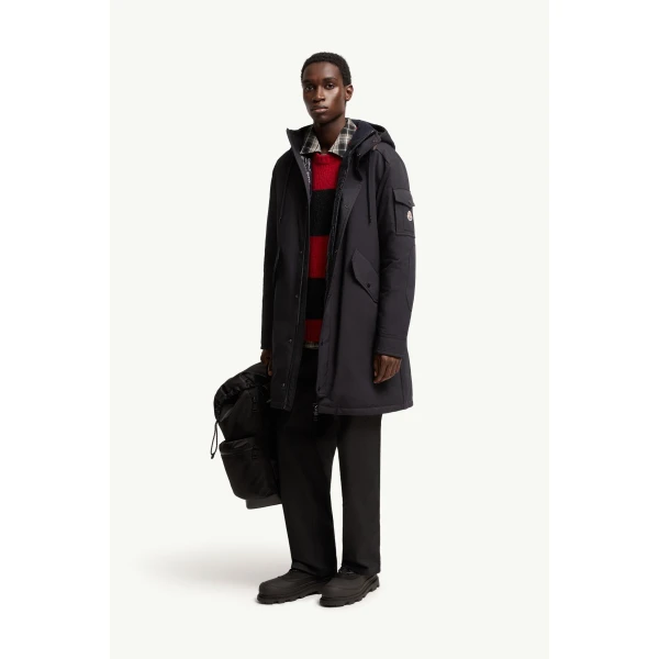Moncler Nahan Hooded Long Down Parka in Dark Blue, view 2 | Men's Coats | Coveti