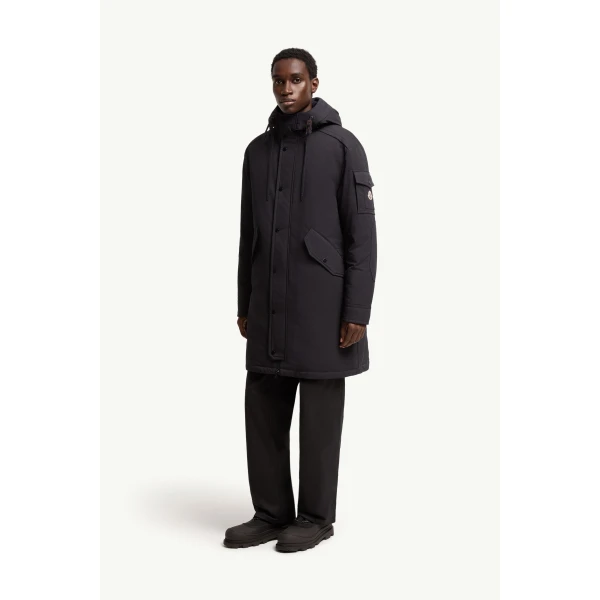 Moncler Nahan Hooded Long Down Parka in Dark Blue, view 4 | Men's Coats | Coveti
