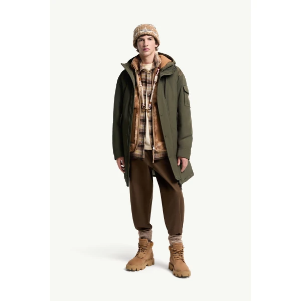 Moncler Nahan Hooded Long Down Parka in Olive Green, view 2 | Men's Coats | Coveti