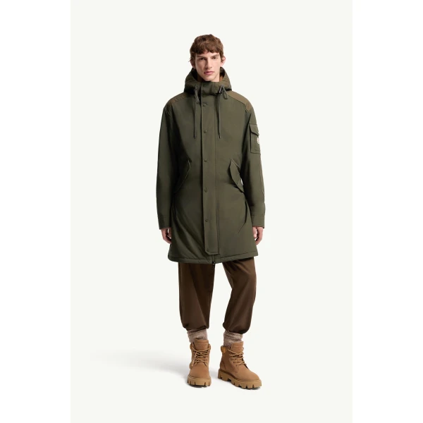 Moncler Nahan Hooded Long Down Parka in Olive Green, view 4 | Men's Coats | Coveti
