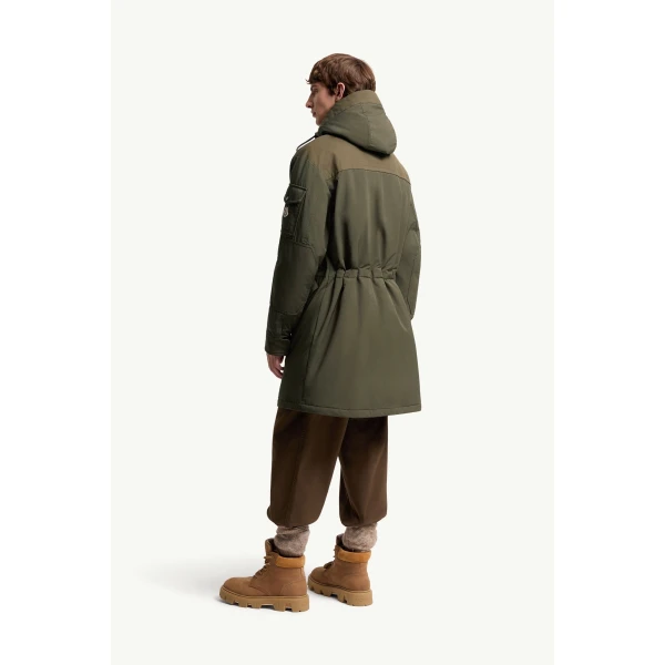 Moncler Nahan Hooded Long Down Parka in Olive Green, view 5 | Men's Coats | Coveti