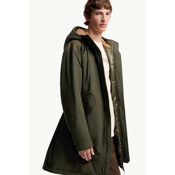 Moncler Nahan Hooded Long Down Parka in Olive Green, view 6 | Men's Coats | Coveti