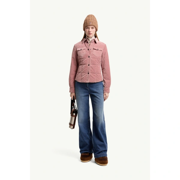 Moncler Nangy Corduroy Down Shirt Jacket in Rose Pink, view 2 | Women's Puffer Jackets | Coveti