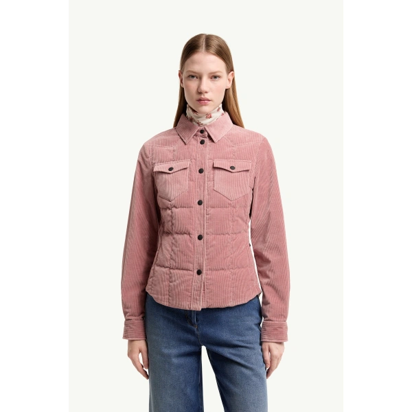 Moncler Nangy Corduroy Down Shirt Jacket in Rose Pink, view 4 | Women's Puffer Jackets | Coveti