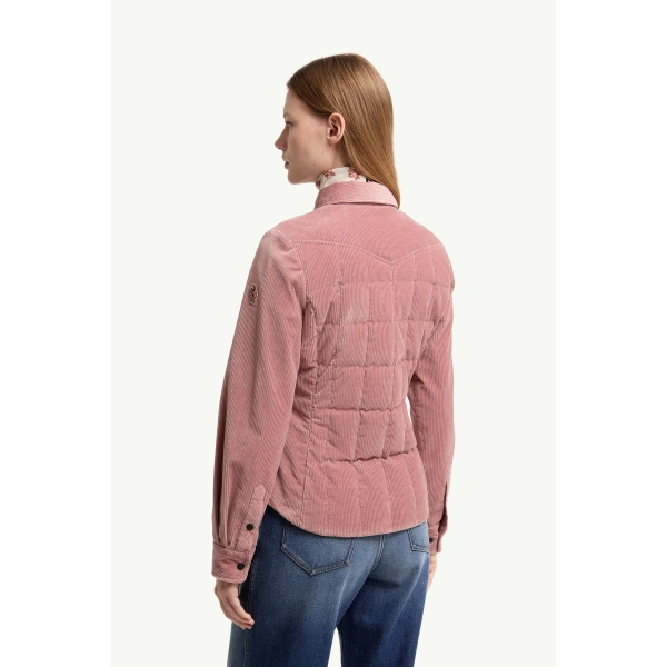 Moncler Nangy Corduroy Down Shirt Jacket in Rose Pink, view 5 | Women's Puffer Jackets | Coveti