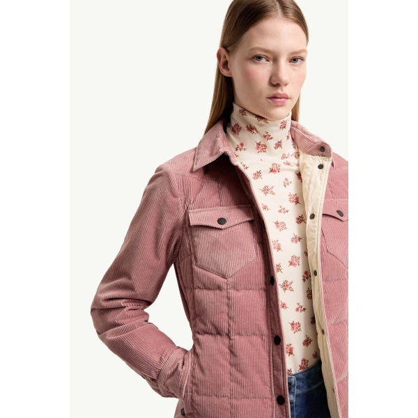 Moncler Nangy Corduroy Down Shirt Jacket in Rose Pink, view 6 | Women's Puffer Jackets | Coveti