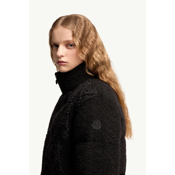 Moncler Nitidule Boucle Short Down Jacket in Black, view 3 | Women's Tweed Jackets | Coveti