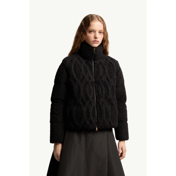 Moncler Nitidule Boucle Short Down Jacket in Black, view 4 | Women's Tweed Jackets | Coveti