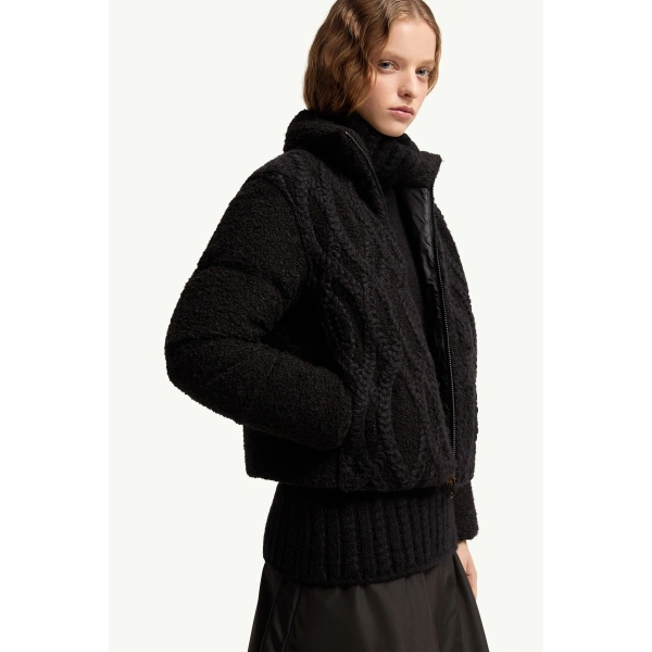 Moncler Nitidule Boucle Short Down Jacket in Black, view 6 | Women's Tweed Jackets | Coveti