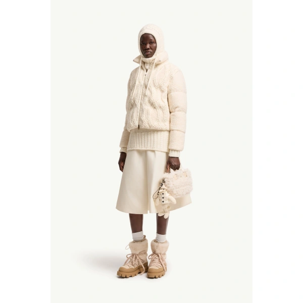 Moncler Nitidule Boucle Short Down Jacket in White Ivory, view 2 | Women's Tweed Jackets | Coveti