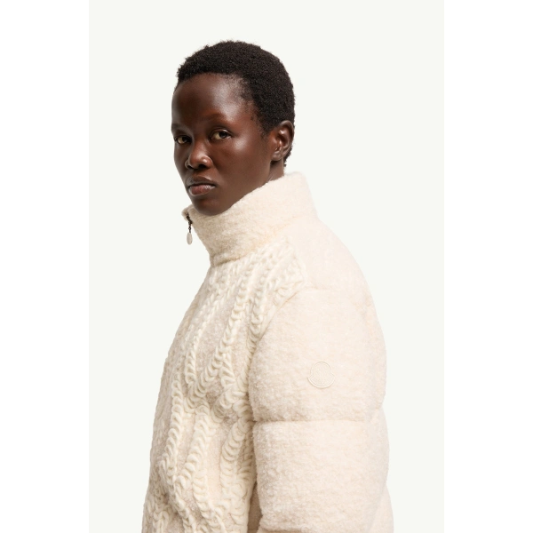 Moncler Nitidule Boucle Short Down Jacket in White Ivory, view 3 | Women's Tweed Jackets | Coveti
