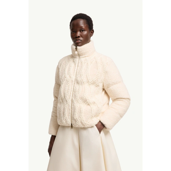 Moncler Nitidule Boucle Short Down Jacket in White Ivory, view 4 | Women's Tweed Jackets | Coveti