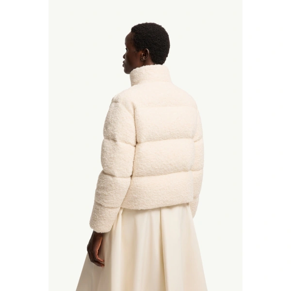 Moncler Nitidule Boucle Short Down Jacket in White Ivory, view 5 | Women's Tweed Jackets | Coveti
