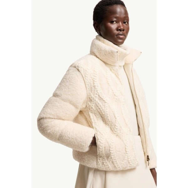 Moncler Nitidule Boucle Short Down Jacket in White Ivory, view 6 | Women's Tweed Jackets | Coveti